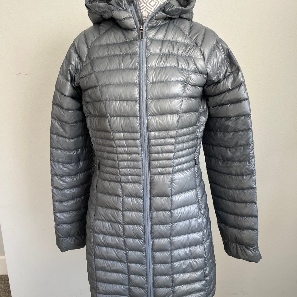 Mountain Hardwear Silver Gray Long Puffer Coat with Hood
